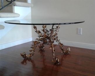 GOLD LEAF METAL IVY BASE COFFEE TABLE WITH ROUND GLASS TOP