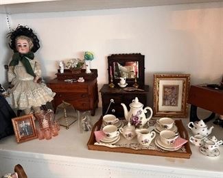 antique bisque dolls, doll furniture, doll and child teasets