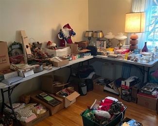 Room full of holiday decor (mostly Christmas) 