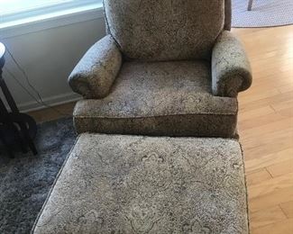 Pr of upholstered arm chairs with ottoman