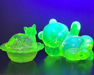 Uranium glass bear paperweight and kitty cat candy dish
