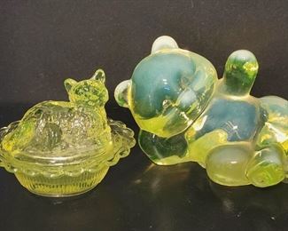 Uranium glass bear paperweight and kitty cat candy dish