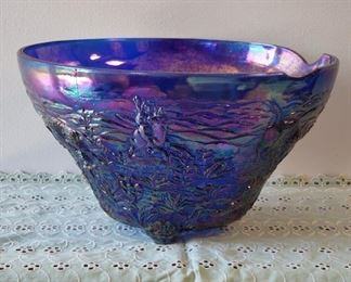 Very large carnival glass "Buffalo Hunt" punch bowl