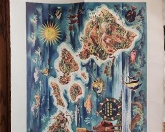 Vintage travel map poster of Hawaiian islands