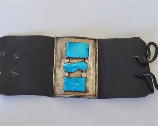Vintage silver and Arizona turquoise leather archery wrist guard. Makes a great boho bracelet, too.