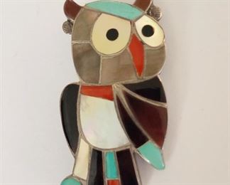 Vintage Esalio Zuni sterling turquoise inlay owl brooch