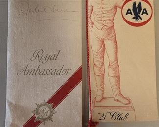 Royal ambassador vintage menu signed by Merle Oberon, Vintage AA American Airlines 21 club menu