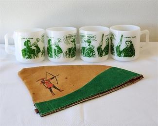 Vintage Robin Hood suede cap and milk glass cups