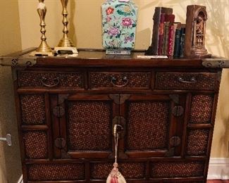 Asian Style Cabinets with Wicker Accent.  One of a Pair