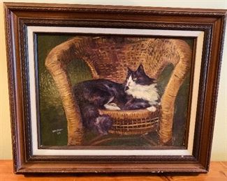 Oil on Canvas of a Cat in Wicker Chair