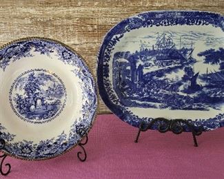 Cobalt And White Ceramic Bowl And Platter