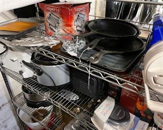 Cast iron skillets, pans, cooler