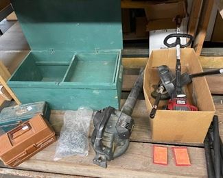 Storage chest, tackle boxes with tackle, Craftsman trimmer with interchangeable shafts