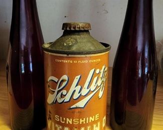 Rare Schlitz Sunshine Vitamin D Beer Cone Top Beer Can, and Royal Ruby Red Schlitz Bottles