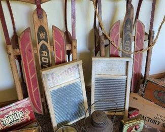 Primitives, Wash Boards, C & NW Adlake Railroad Lantern, and Royal Racer Sleds