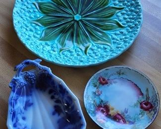 Flow Blue Dish, Majolica Plate, and hand painted china