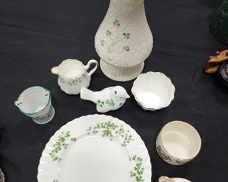 Belleek and English & Irish  Shamrock Dishes. Fenton Bird with Shamrocks.