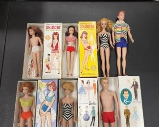 Original Barbie, Ken, Allan, Midge, Skipper, and Skooter Dolls. Many In Original Boxes. 1960's 