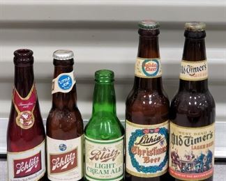 Vintage Schlitz, Blatz, Lithia Christmas Beer, and Old Timers Lager West Bend Beer Bottles.