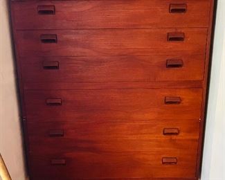 A mid century danish  teak bedroom suite by Borge Moresen for  Soborg Mobler a high boy, dresser and full bed  plus a single bed,