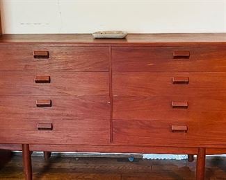 a mid century danish  teak bedroom suite  to Soborg Mobler,  including a high boy, dresser and full bed  plus a single bed,