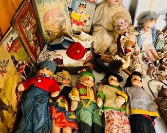 Large selection of antique porcelain, composition and cloth  doll collection plus tons of vintage toys.