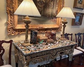 CARVED GILT CONSOLE TABLE WITH MOSAIC MARBLE TOP