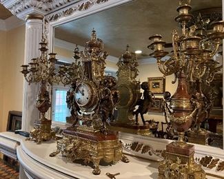 BRASS AND MARBLE GILT CLOCK SET