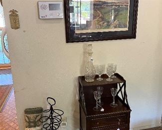 Vintage table, wine holder, rug and  picture