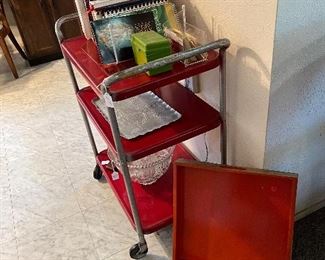 Cookbooks. Vintage rolling utility table, tray
