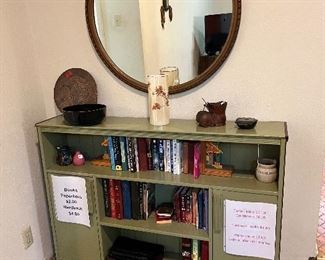 Large vintage mirror and mid century book shelf