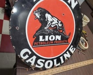 convex Lion Gasoline porcelain sign