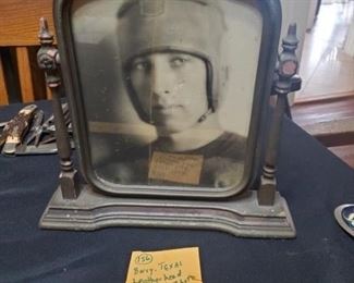 Antique photo of leatherhead football player from Barry, Texas in neat antique frame. 