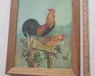 Oil on canvas painting of rooster and hen chickens signed by artist. 