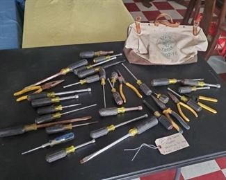 Klein Tools old canvas advertising tool bag full of tools. 