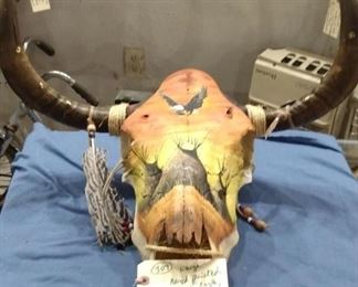 cow skull with horns hand painted with native american indian scene, eagles and tepees / village. 