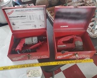 Milwaukee drill and jigsaw in old vintage metal cases.  Tested and working. 