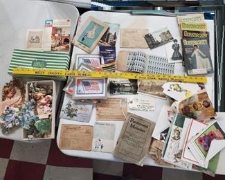 vintage ephemera, scrapbooking cutouts, old Pentecostal hymnal, postcards, sewing books, old war ration stamp books and more
