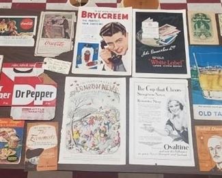 miscellaneous advertising ephemera includes Dr Pepper carton, Coca Cola Ads, 1950s Sterling supply company catalog, Ladies almanac, whiskey ads, Stan Musial (baseball great) aftershave ad, booklets about inventors Mr Goodyear and Mr Diesel old can label, etc. 