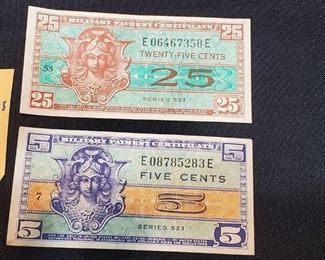 Old US military payment certificates scrip currency issued by USA to soldiers overseas.  These were brought home by a US soldier in the 1950s from the orient. 