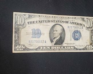 1934 silver certificate $10 bill variety with blue seals.   