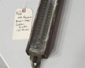 160 pound Hanson brass and steel cotton scales.  These date to the 1930s 40s era and would have been used by cotton pickers to weigh their cotton sacks at the end of the day. 