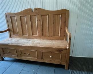 Vintage Pine High-Back Bench with Three Storage Drawers. Measures 60" W x 18" D x 46" H with 18" Seat Height. Photo 1 of 2.