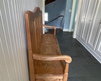 Vintage Pine High-Back Bench with Three Storage Drawers. Measures 60" W x 18" D x 46" H with 18" Seat Height. Photo 2 of 2.