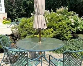 Outdoor Tempered Glass Dining Table, Chairs and Umbrella. Sold as Set or Independently.