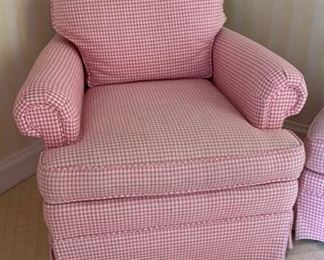 Crate & Barrel Pink Gingham Club Chair - 2 Available. Each Measures 33" W x 33" D. Matching Ottoman Measures 20" x 26". Photo 1 of 2.