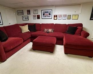 Crate & Barrel Huntley Wood Four-Piece Sectional Sofa Upholstered in Vivienne Brick Performance Chenille. Sold with matching Ottoman. EXCELLENT SHAPE. Measures 102" x 142".