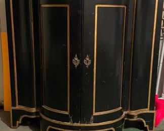 Ebonized Wood with Faux Marble Top Demi-Lune Storage Cabinet. Measures 34" W x 14" D x 37" H. Photo 1 of 2.