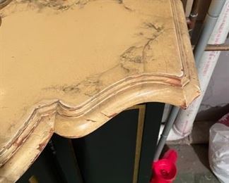 Ebonized Wood with Faux Marble Top Demi-Lune Storage Cabinet. Measures 34" W x 14" D x 37" H. Photo 2 of 2.