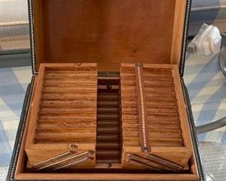 Antique leather bound cigarette box, cigarette dispenser, holds 60 plus cigarettes. Photo 2 of 3.